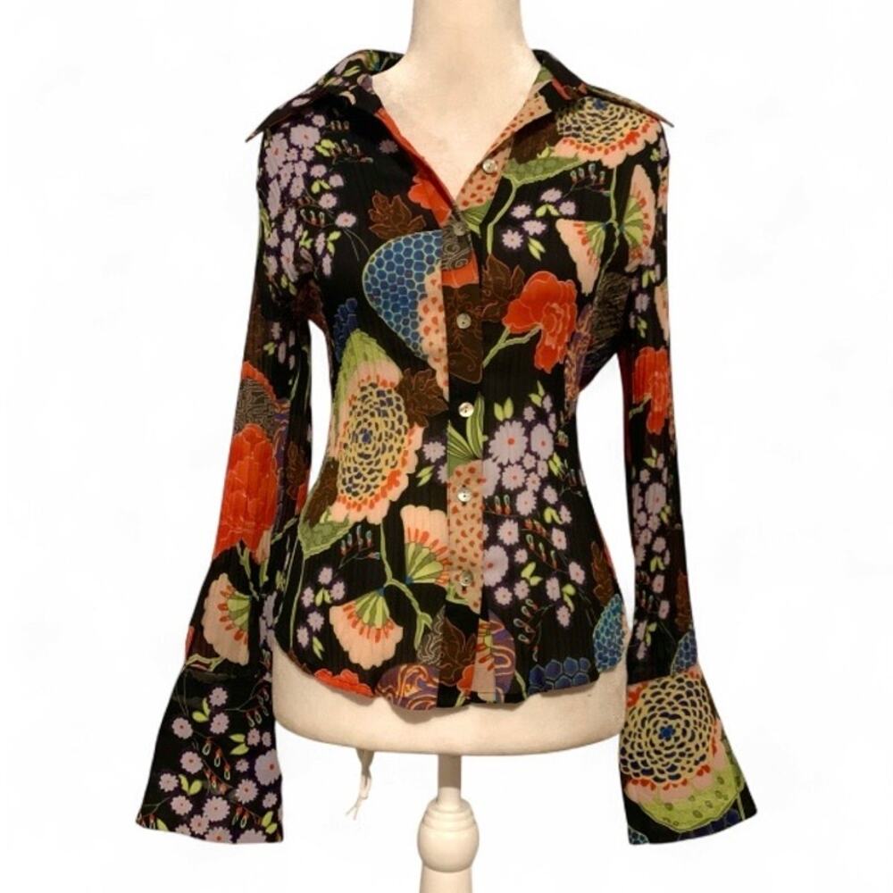 Vintage La Caviar Boho Floral Bell Sleeve Blouse Size Small